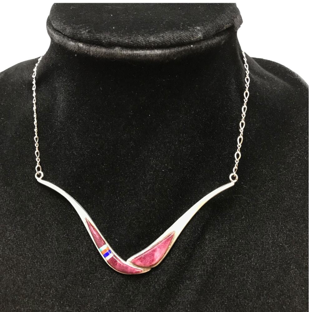 JRA Southwestern Spiny Oyster Turquoise Channel Inlaid Necklace 13g 16”